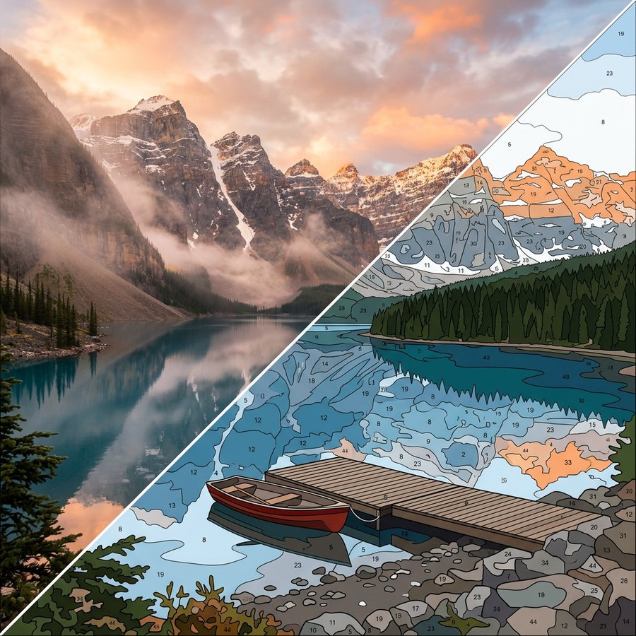 A mountain lake landscape photo beside its paint-by-number conversion with numbered regions
