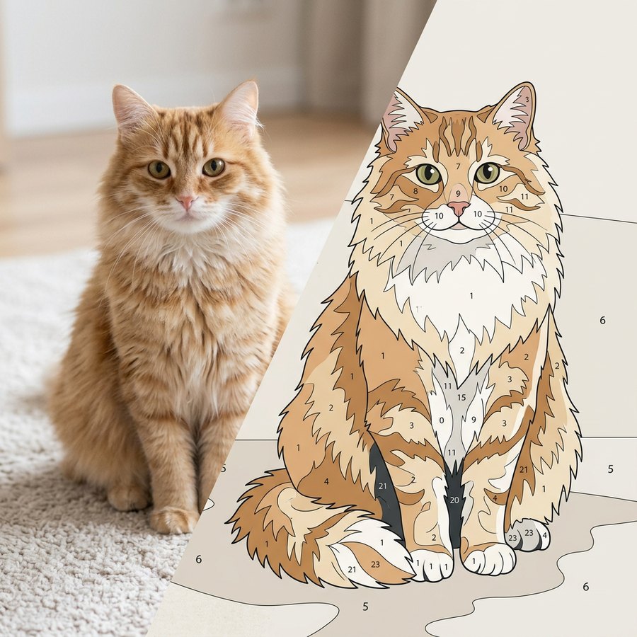 A cat photo on the left and the same cat as a numbered paint-by-number outline on the right