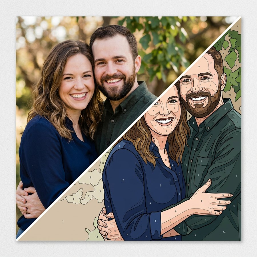 A couple's portrait photo beside the same portrait converted into a paint-by-number template